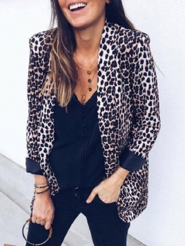 Leopard-Innpakket Langermet Mellomlang Vanlig Casual Blazer For Kvinner