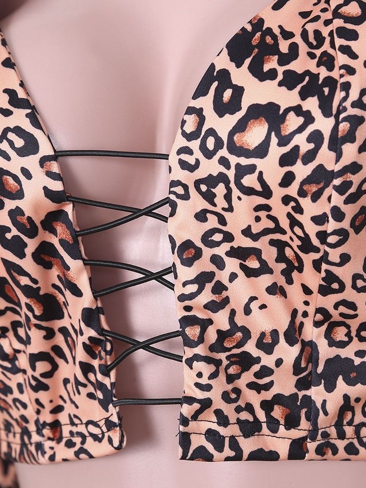 Leopard V-Hals Kort Vestlig Slim T-Skjorte For Kvinner