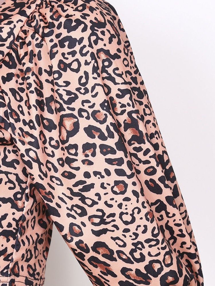 Leopard V-Hals Kort Vestlig Slim T-Skjorte For Kvinner