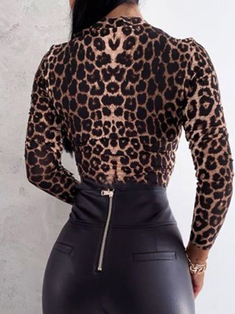 Nine Points Sleeve Standard Leopard Slim Fall T-Skjorte For Kvinner