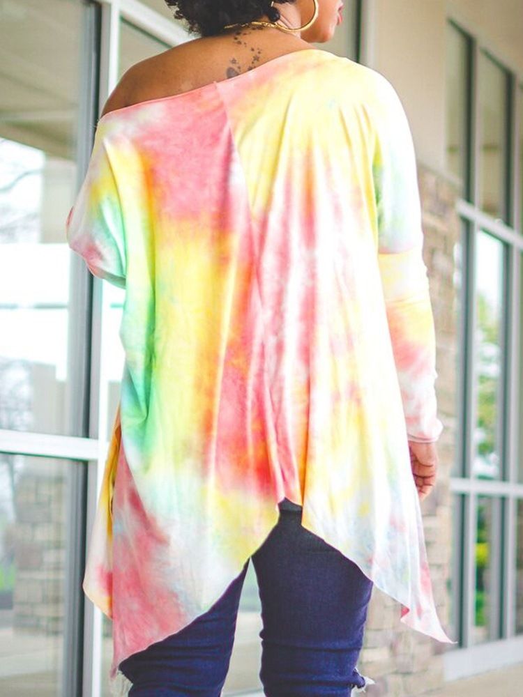 Tie Dye Langermet Mid-Length Skrå Krage Løs Sommer T-Skjorte