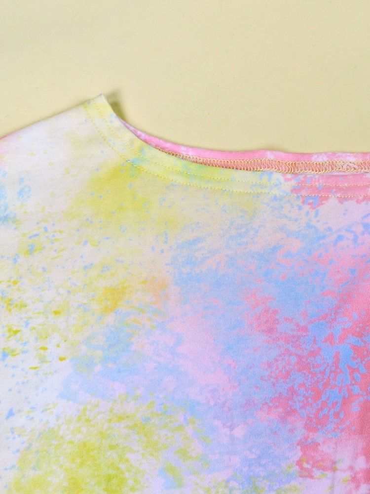 Tie Dye Langermet Mid-Length Skrå Krage Løs Sommer T-Skjorte