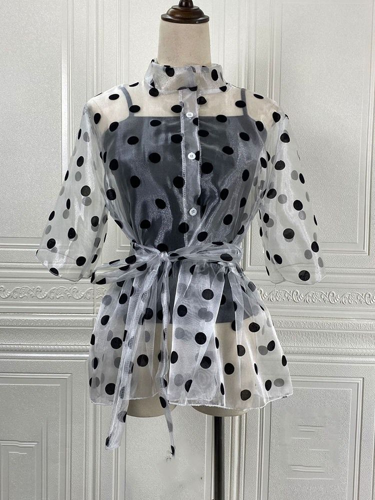 Polka Dots Stativ Krage Gjennomsiktig Kvinners Standard Kortermet Bluse