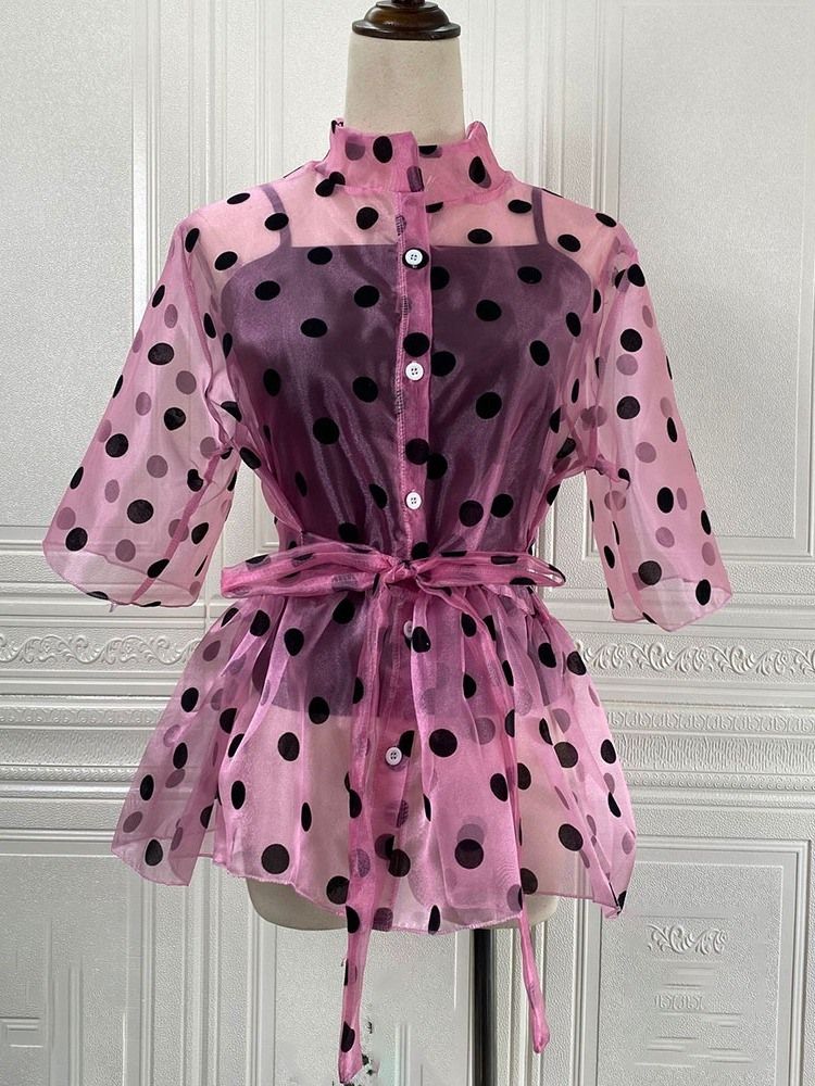 Polka Dots Stativ Krage Gjennomsiktig Kvinners Standard Kortermet Bluse