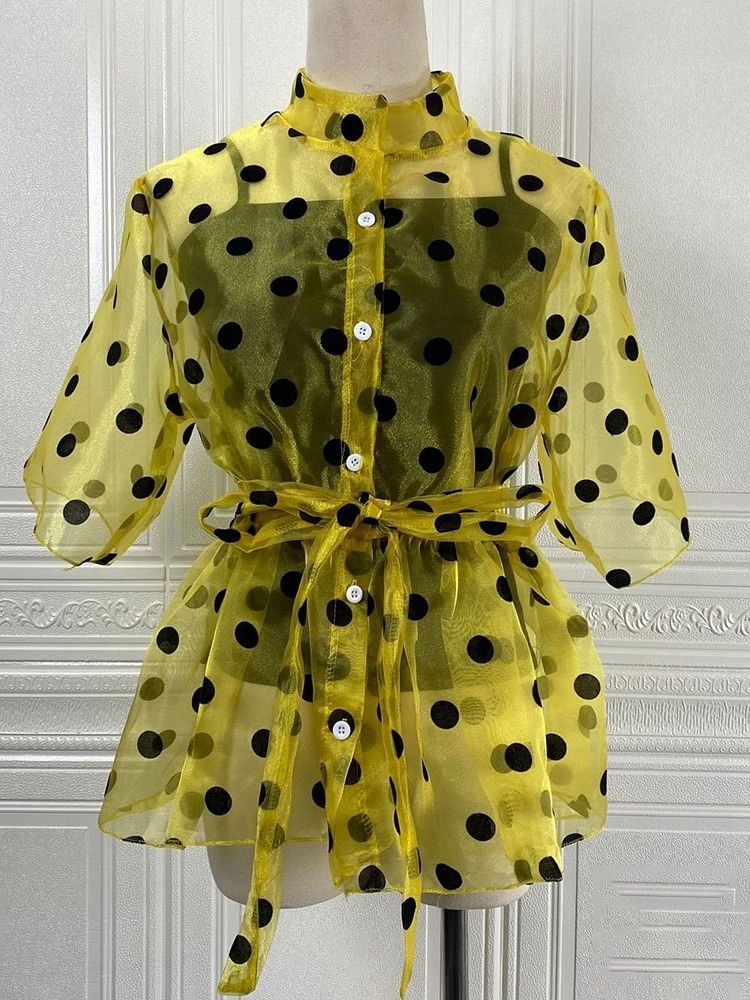 Polka Dots Stativ Krage Gjennomsiktig Kvinners Standard Kortermet Bluse