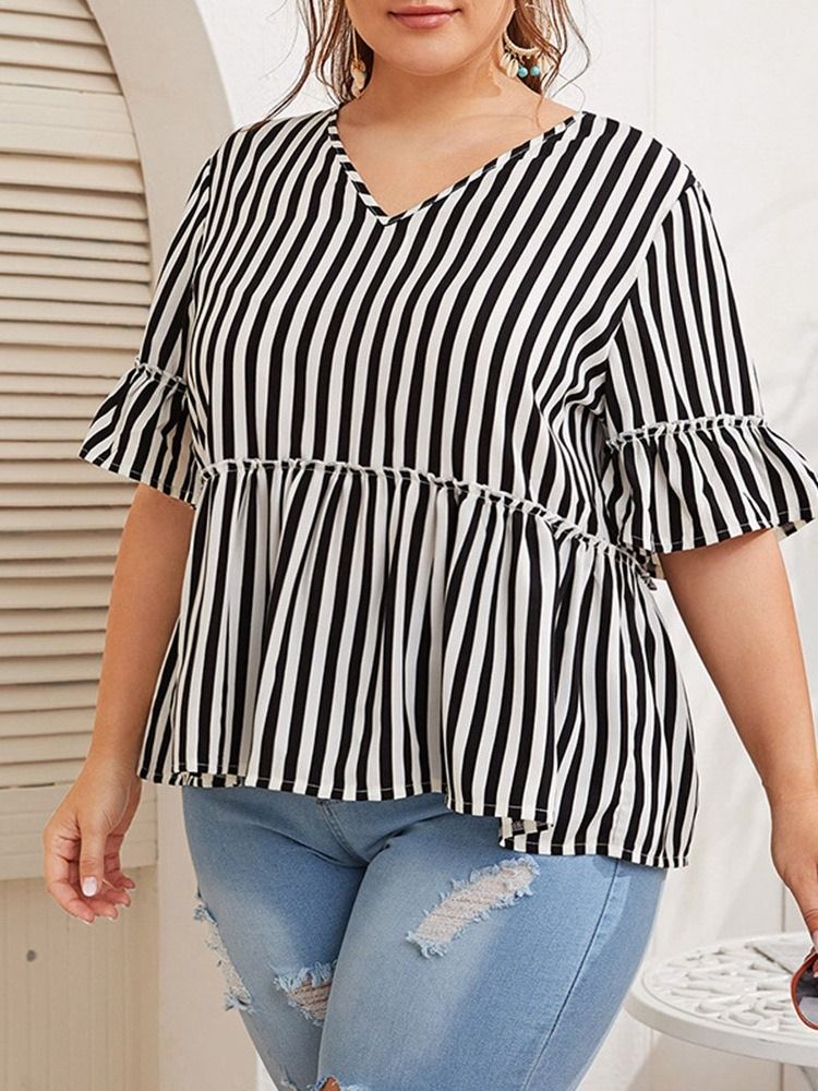 V-Hals Print Stripe Halv Erme Mid-Length Kvinners Bluse