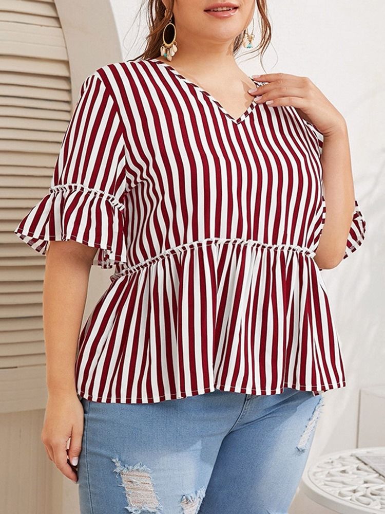 V-Hals Print Stripe Halv Erme Mid-Length Kvinners Bluse