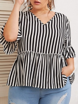 V-Hals Print Stripe Halv Erme Mid-Length Kvinners Bluse