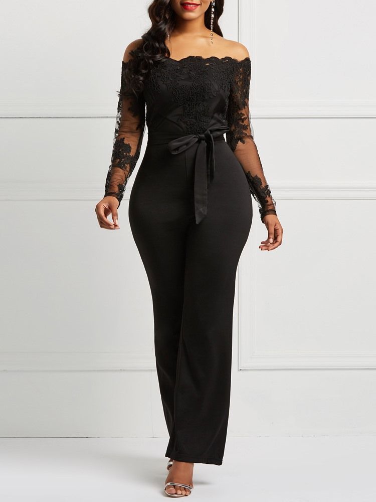 Belte Off Shoulder Lace Patchwork Jumpsuit For Kvinner