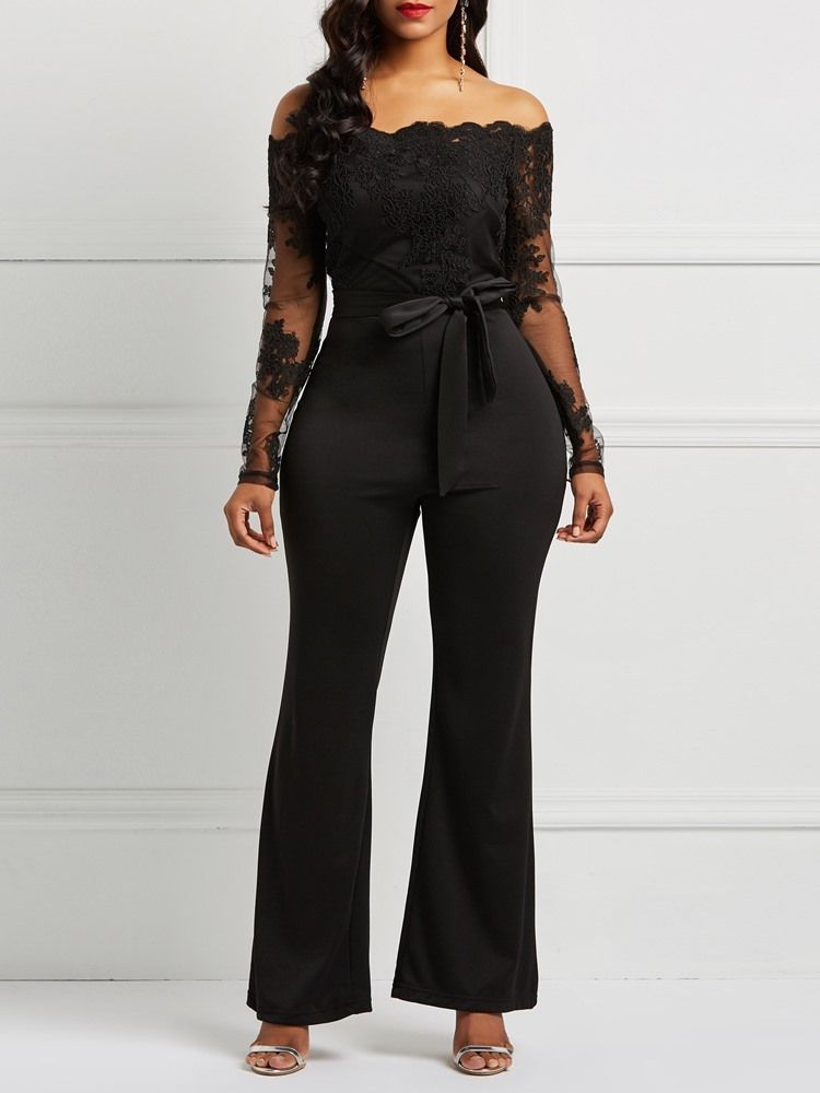 Belte Off Shoulder Lace Patchwork Jumpsuit For Kvinner