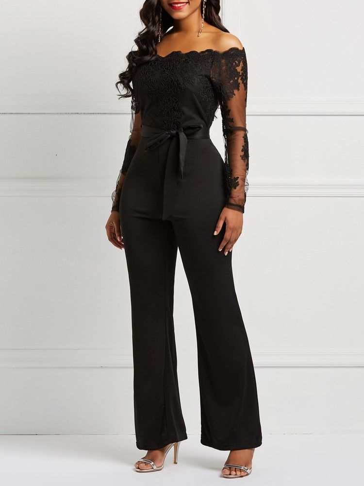 Belte Off Shoulder Lace Patchwork Jumpsuit For Kvinner