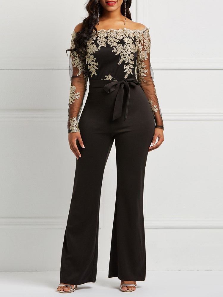 Belte Off Shoulder Lace Patchwork Jumpsuit For Kvinner