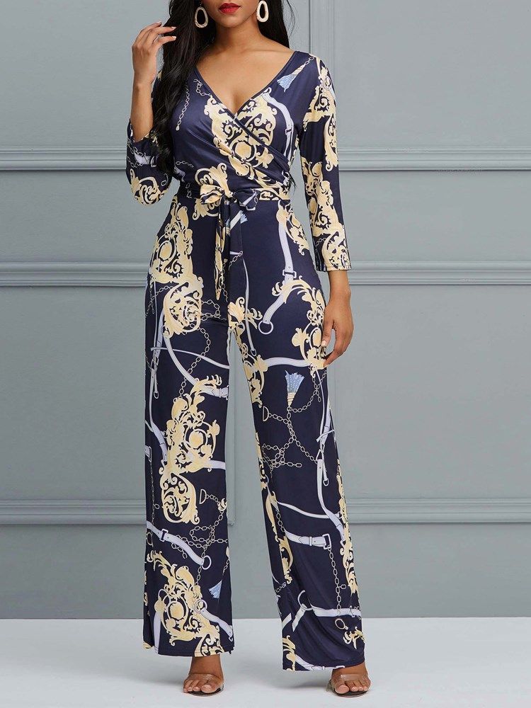 Blomstret V-Hals Print Brede Ben Dame Jumpsuit