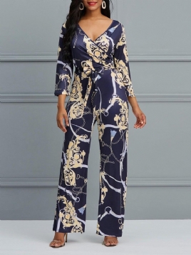 Blomstret V-Hals Print Brede Ben Dame Jumpsuit