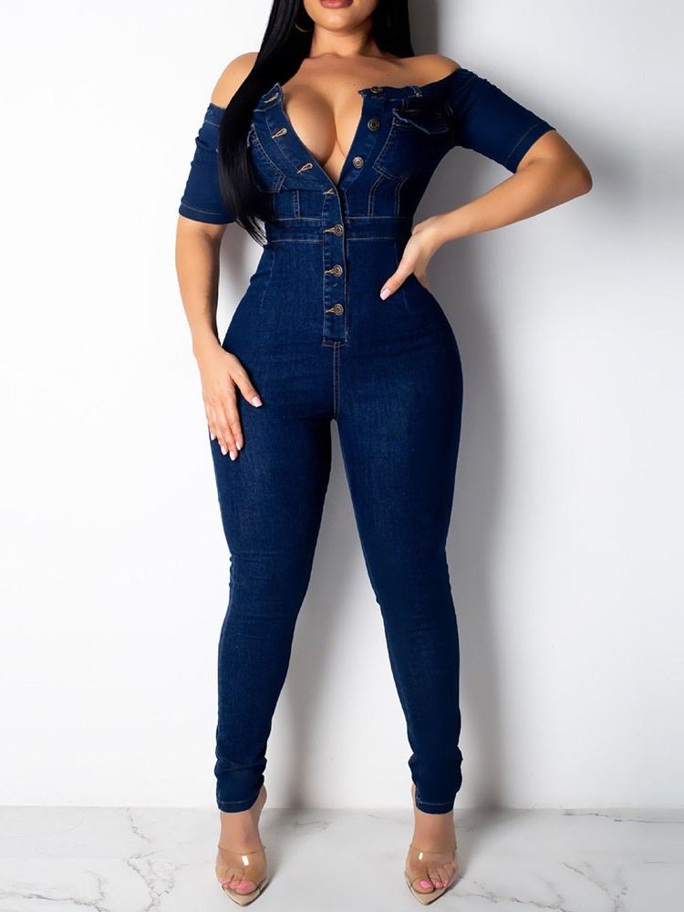 Button Denim Vanlig Skinny Jumpsuit