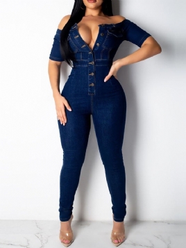 Button Denim Vanlig Skinny Jumpsuit