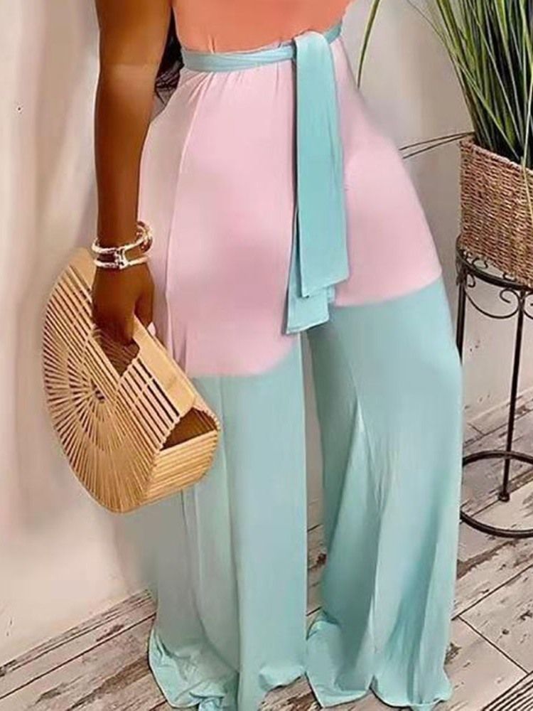 Color Block Casual Full Lengde Kvinnes Brede Ben Slim Jumpsuit