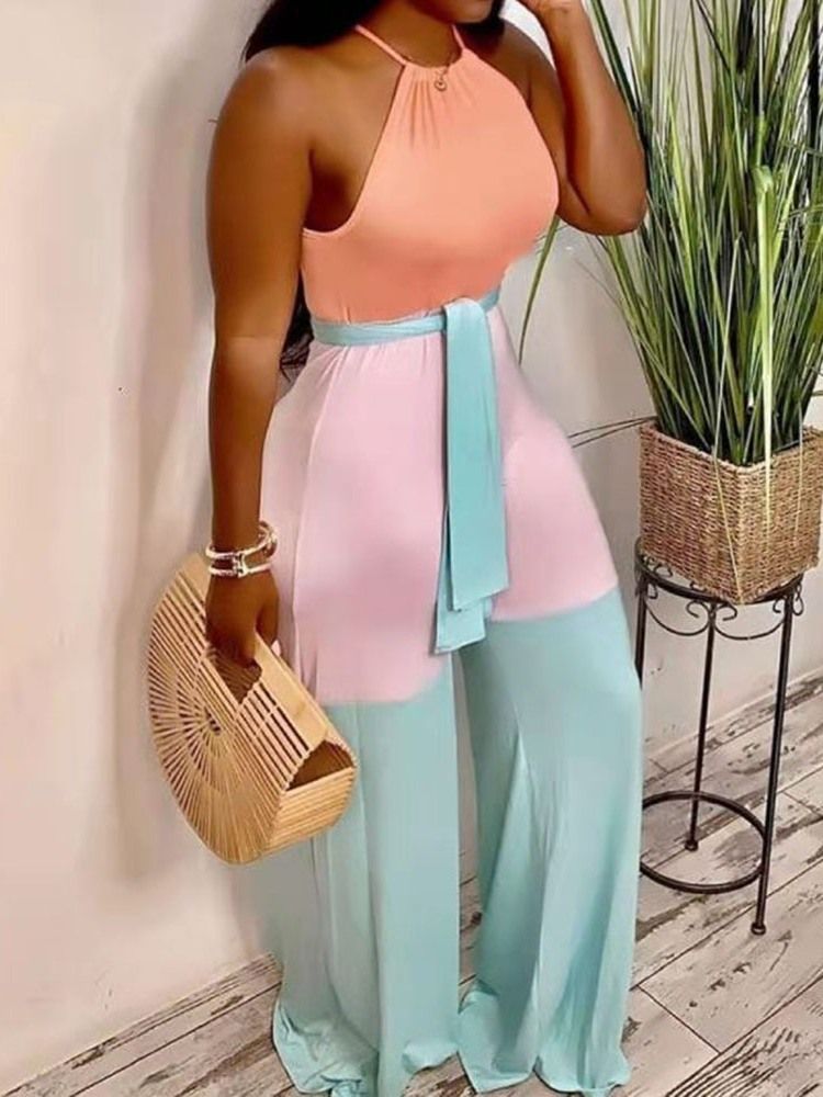 Color Block Casual Full Lengde Kvinnes Brede Ben Slim Jumpsuit