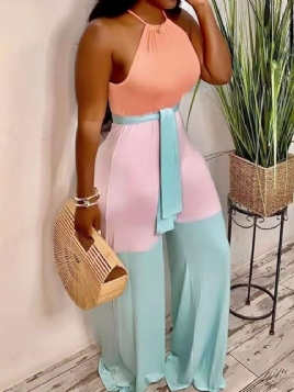 Color Block Casual Full Lengde Kvinnes Brede Ben Slim Jumpsuit