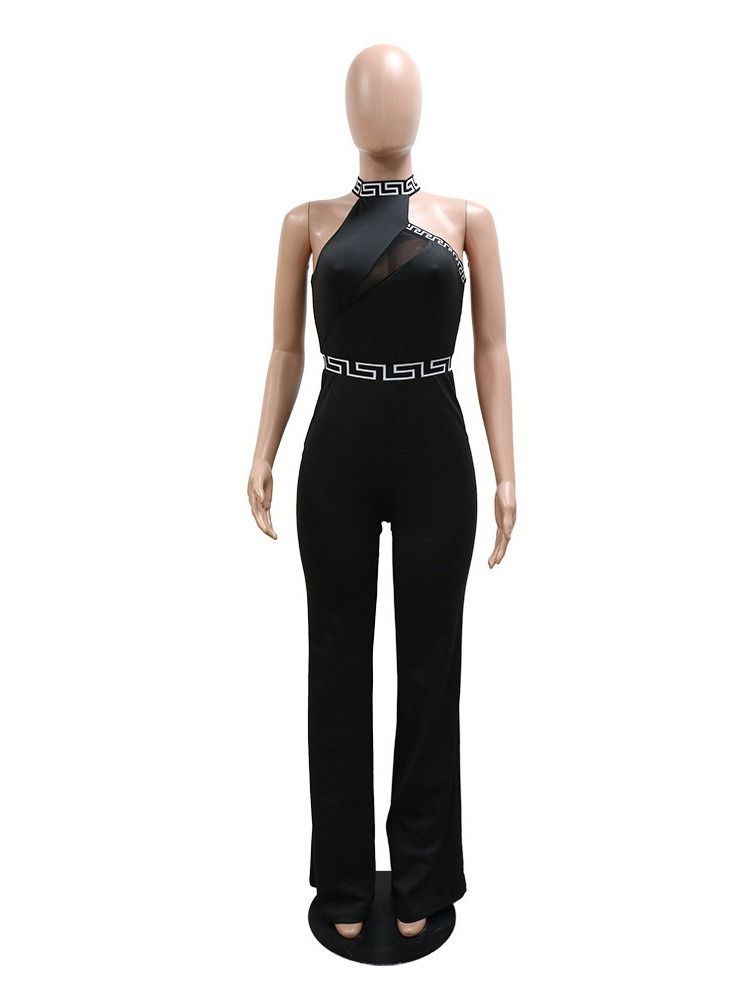 Color Block Mesh Full Lengde Slank Jumpsuit Med Høy Midje