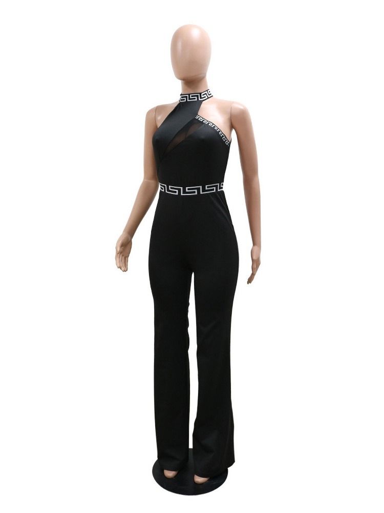 Color Block Mesh Full Lengde Slank Jumpsuit Med Høy Midje