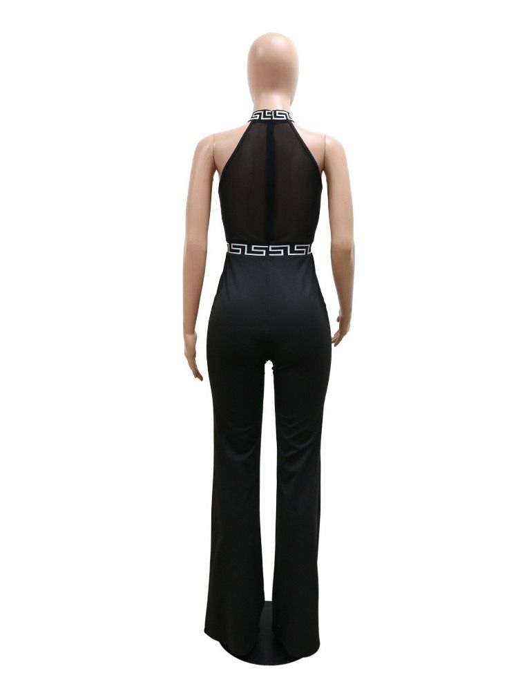 Color Block Mesh Full Lengde Slank Jumpsuit Med Høy Midje