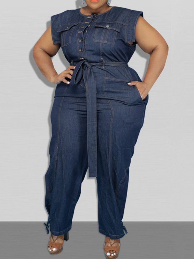 Denim Belted Full Lengde Western Plain Pencil Bukser Slim Jumpsuit