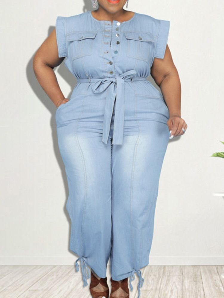 Denim Belted Full Lengde Western Plain Pencil Bukser Slim Jumpsuit