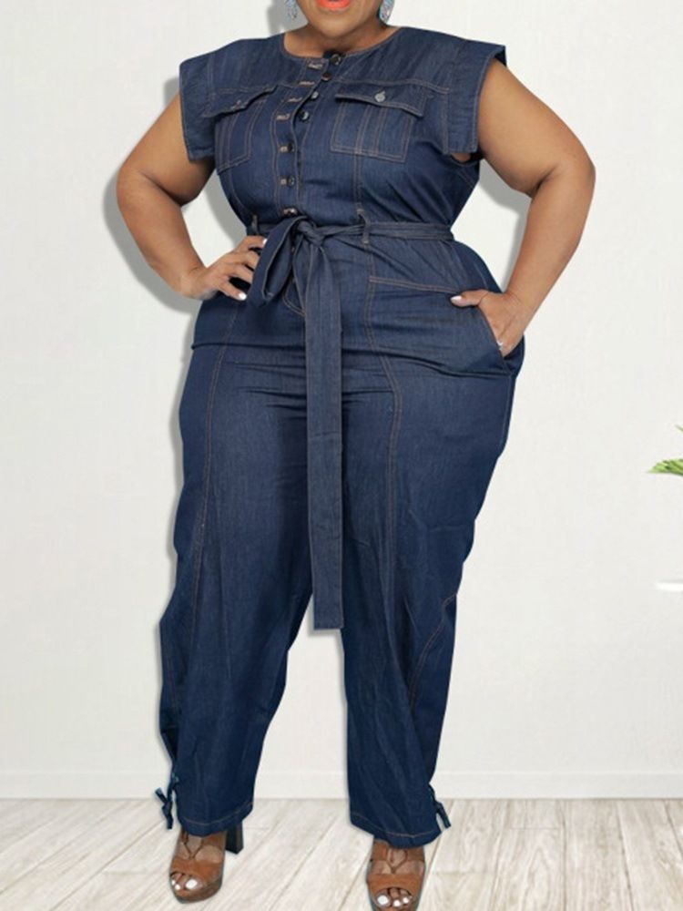 Denim Belted Full Lengde Western Plain Pencil Bukser Slim Jumpsuit