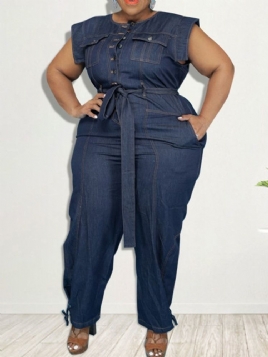 Denim Belted Full Lengde Western Plain Pencil Bukser Slim Jumpsuit