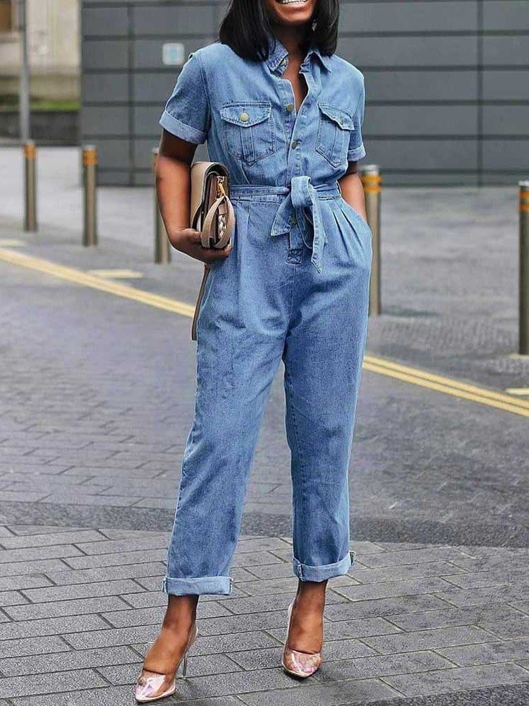 Denim Vanlig Full Lengde Lace-Up Høy Midje Jumpsuit Med Rett Lomme