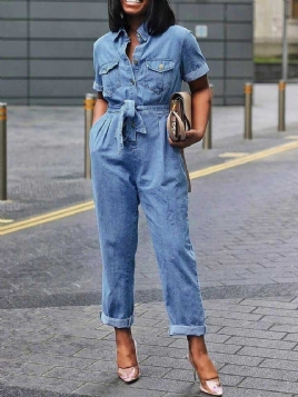 Denim Vanlig Full Lengde Lace-Up Høy Midje Jumpsuit Med Rett Lomme