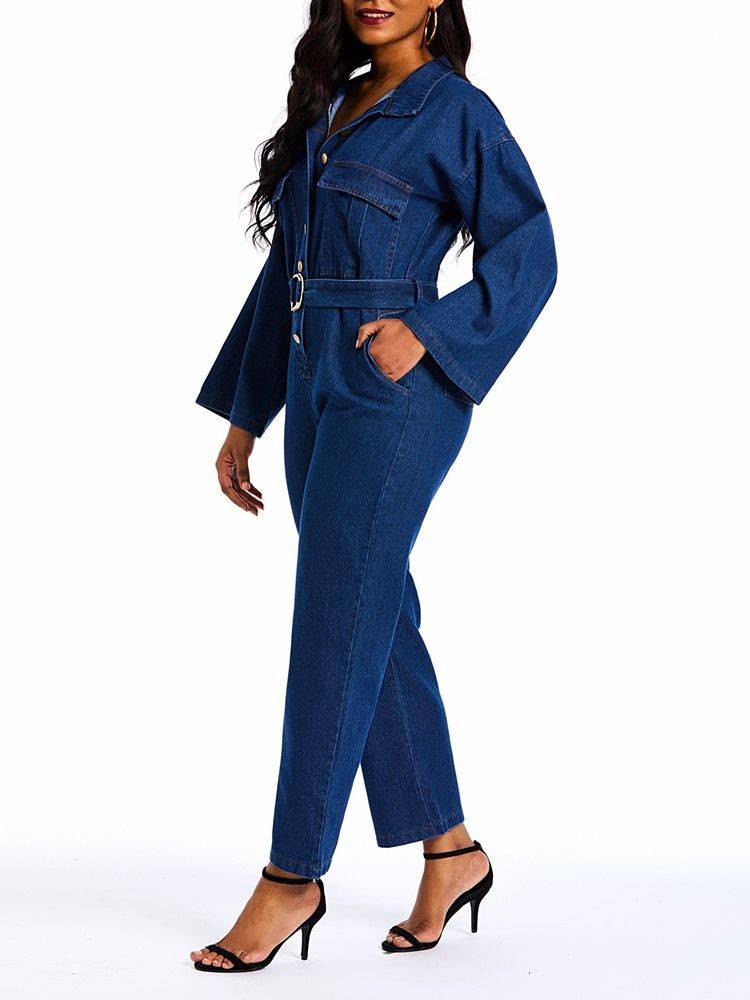 Denim Vanlige Jumpsuits Med Løs Knapp