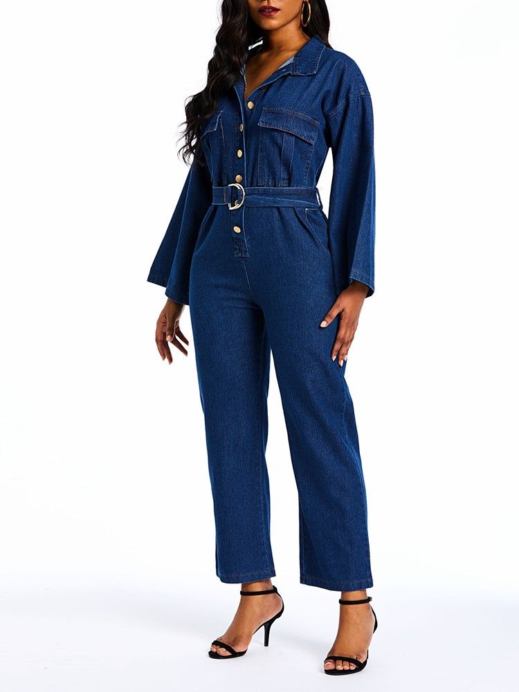 Denim Vanlige Jumpsuits Med Løs Knapp