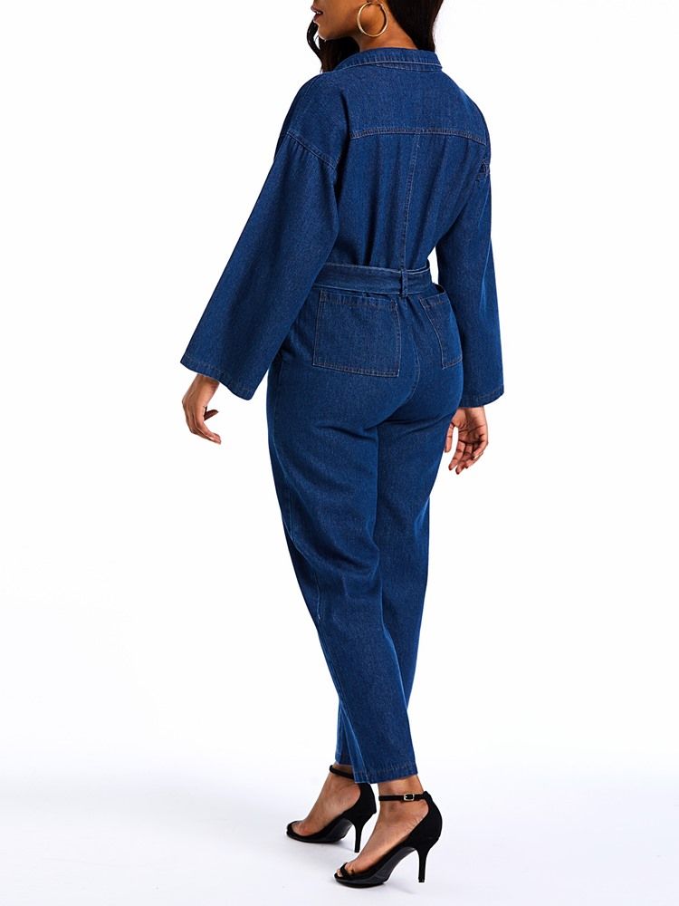 Denim Vanlige Jumpsuits Med Løs Knapp