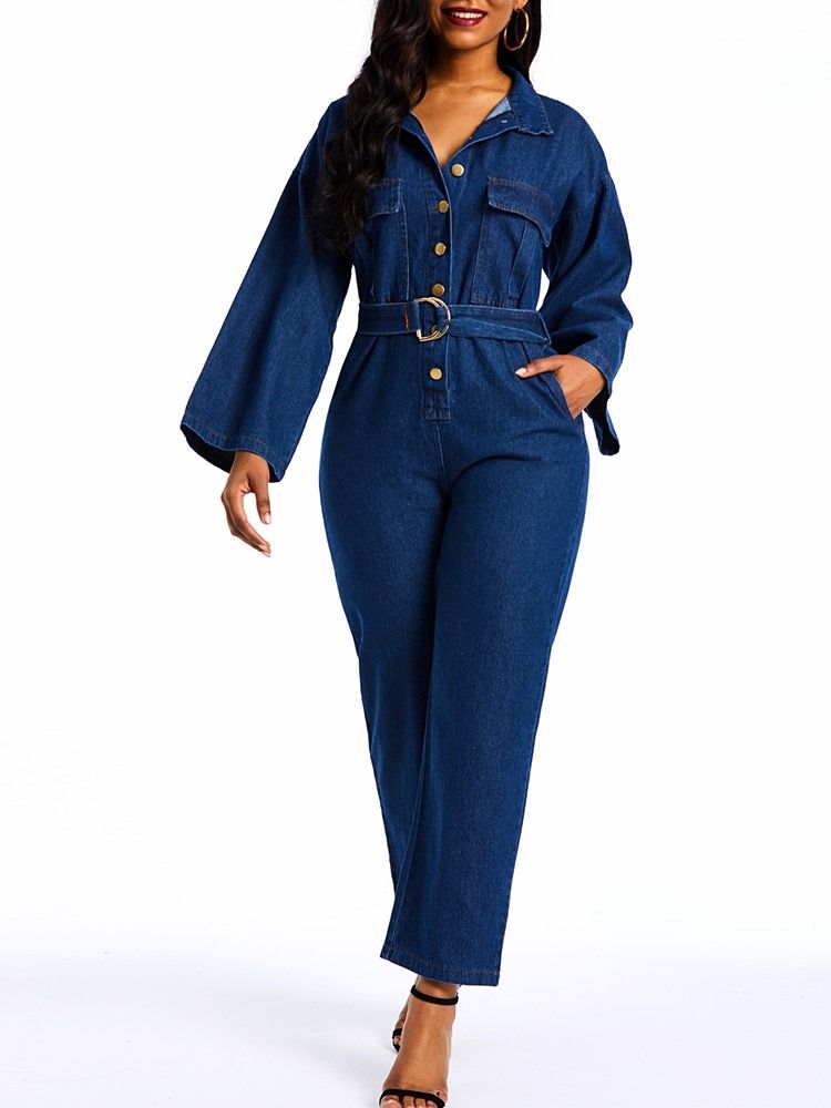 Denim Vanlige Jumpsuits Med Løs Knapp