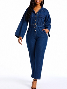 Denim Vanlige Jumpsuits Med Løs Knapp