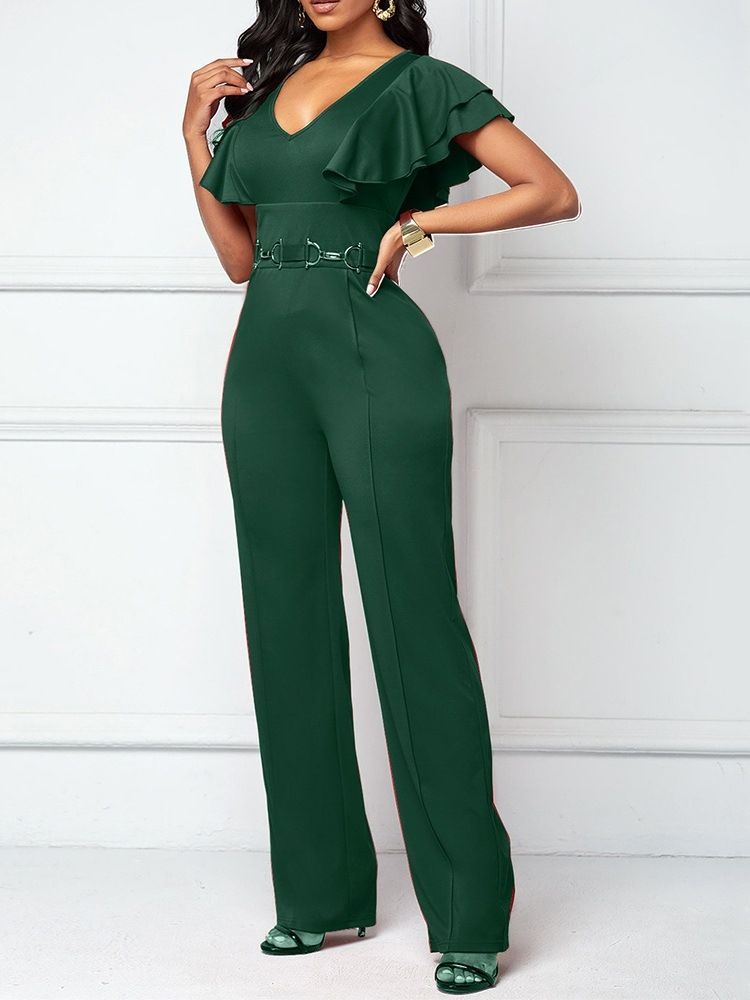 Falbala Plain Full Lengde Høy Midje Slim Jumpsuit