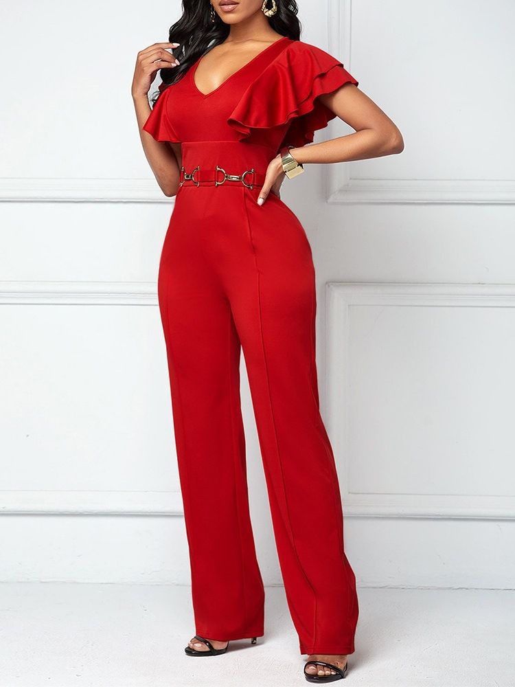 Falbala Plain Full Lengde Høy Midje Slim Jumpsuit