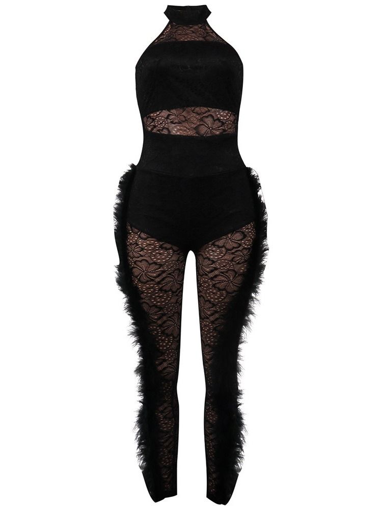 Fest Cocktail Full Lengde Feather Sexy Jumpsuit Med Høy Midje