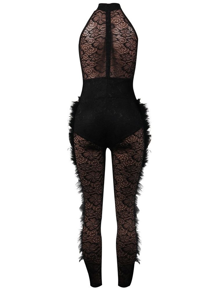 Fest Cocktail Full Lengde Feather Sexy Jumpsuit Med Høy Midje