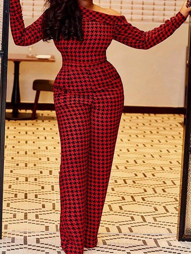 Fest Cocktailtrykk Houndstooth Mid Waist Slim Jumpsuit For Kvinner