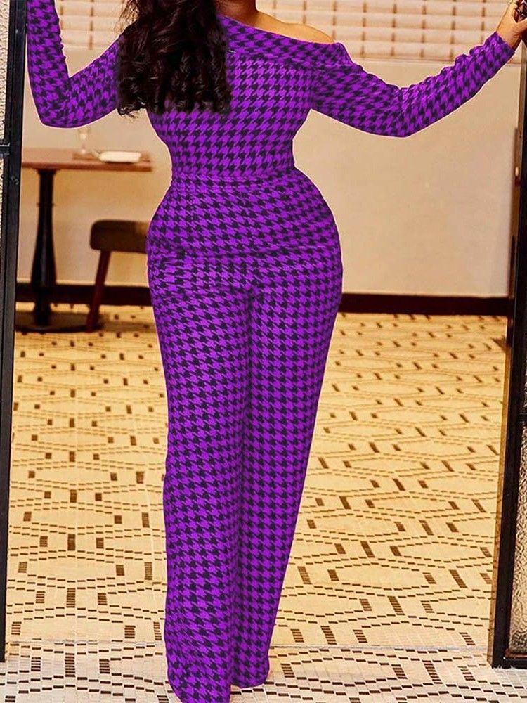 Fest Cocktailtrykk Houndstooth Mid Waist Slim Jumpsuit For Kvinner