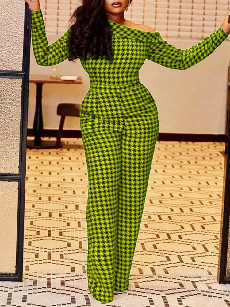 Fest Cocktailtrykk Houndstooth Mid Waist Slim Jumpsuit For Kvinner