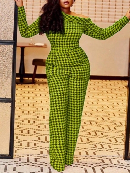 Fest Cocktailtrykk Houndstooth Mid Waist Slim Jumpsuit For Kvinner