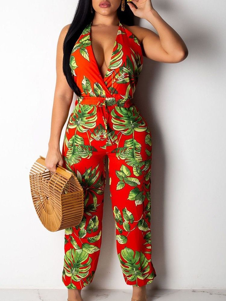 Floral Sexy Backless Slim Straight Jumpsuit For Kvinner