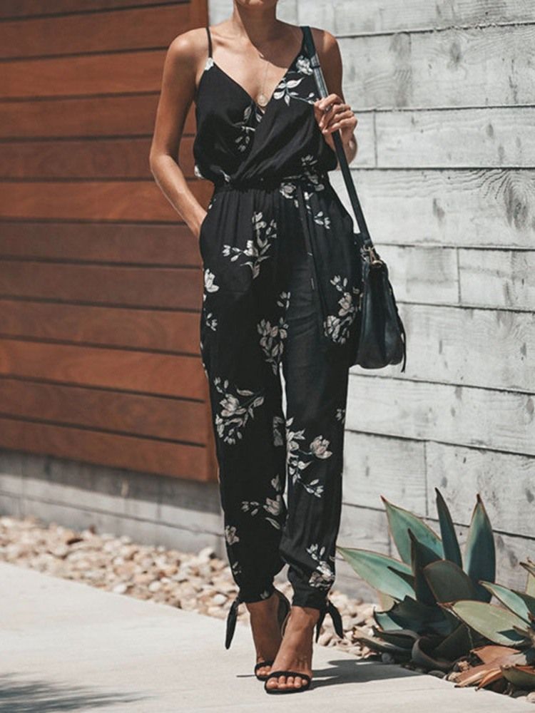 Floral Stropp Ankellengde Print Slim Jumpsuit