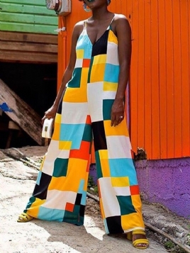 Full Lengde Color Block Casual Kvinners Brede Ben Løs Jumpsuit