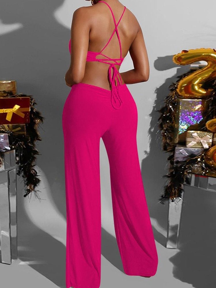 Full Lengde Ensfarget Ryggløs Slim Mid Waist Jumpsuit For Kvinner