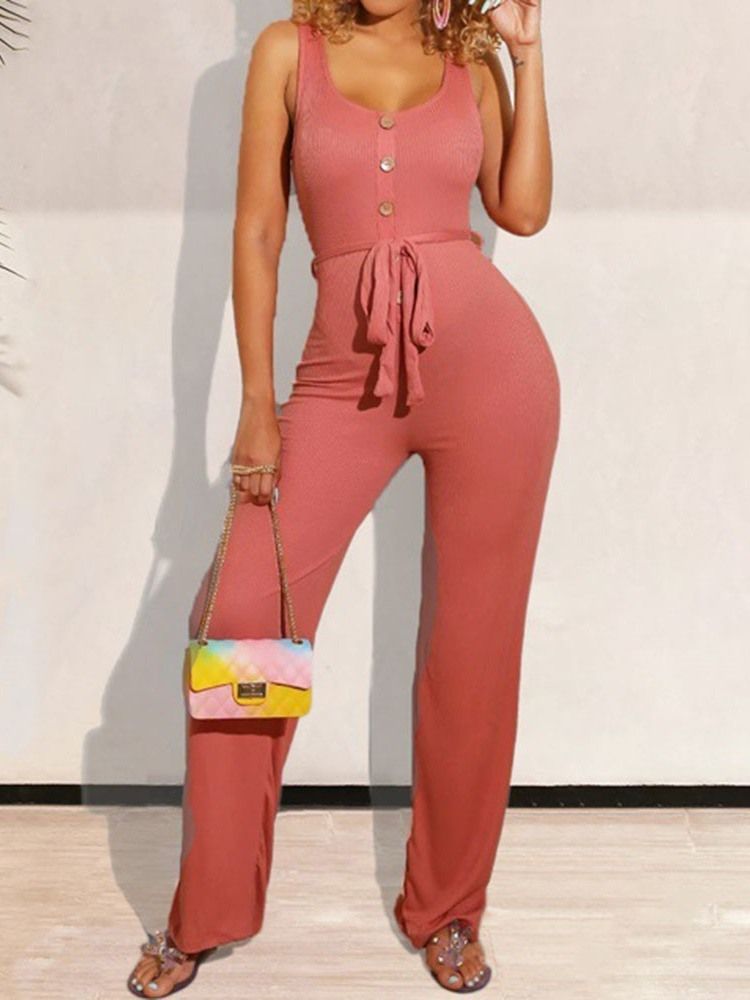 Full Lengde Knapp Uformell Rett Slim Jumpsuit For Kvinner